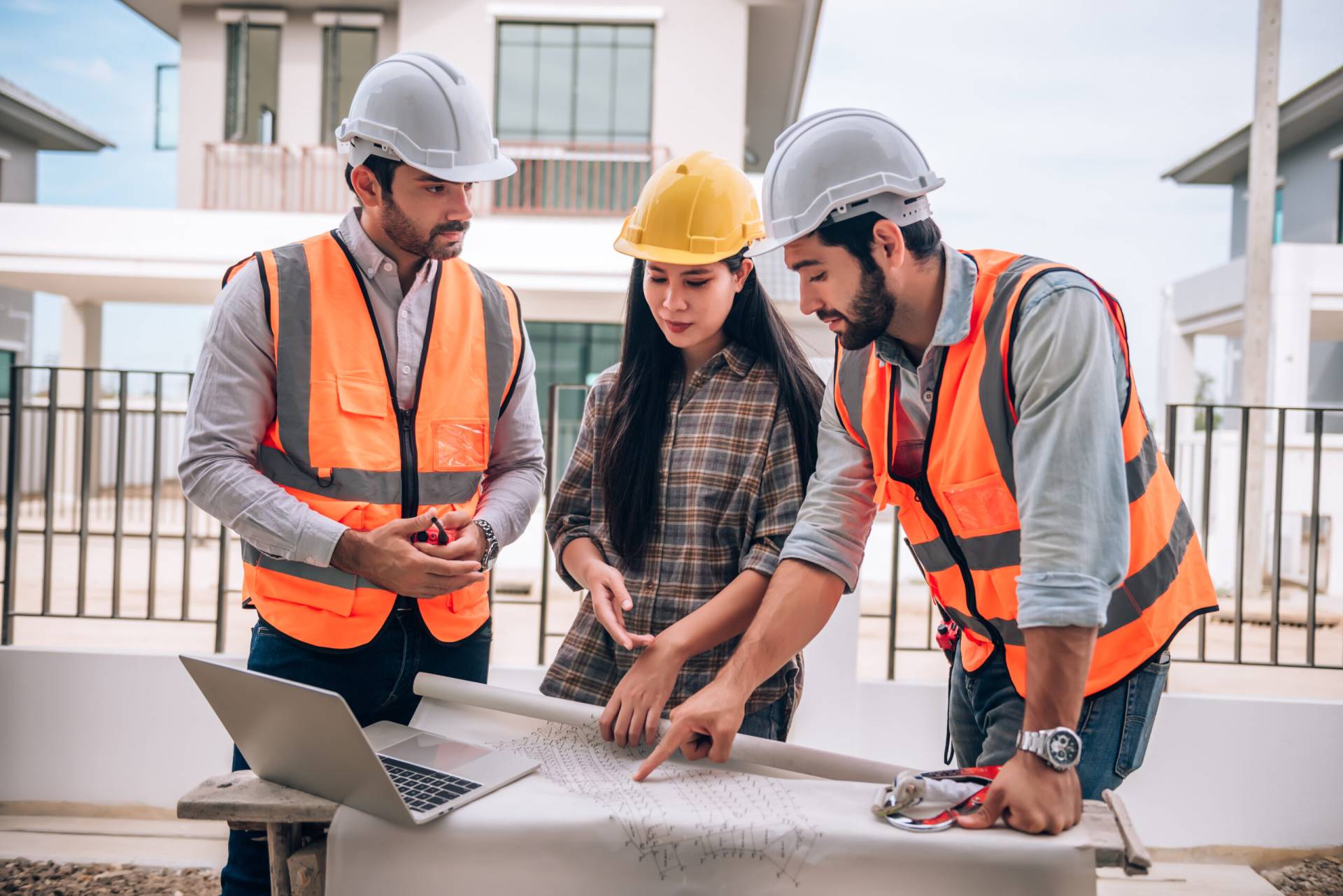 Civil Engineer Construction Worker Architects Wearing Hardhats Safety Vests Are Working Together Construction Site Building Home Cooperation Teamwork Concept Scaled